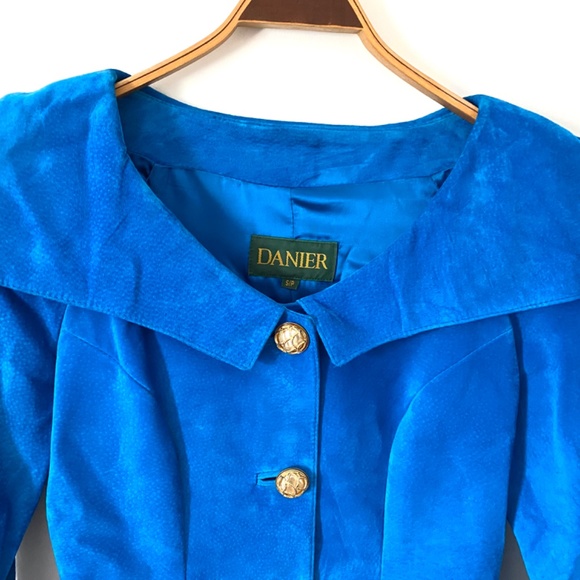 1980’s Danier Vintage Royal Blue Suede Leather Jacket Peplum Shoulder Pads - Picture 2 of 10